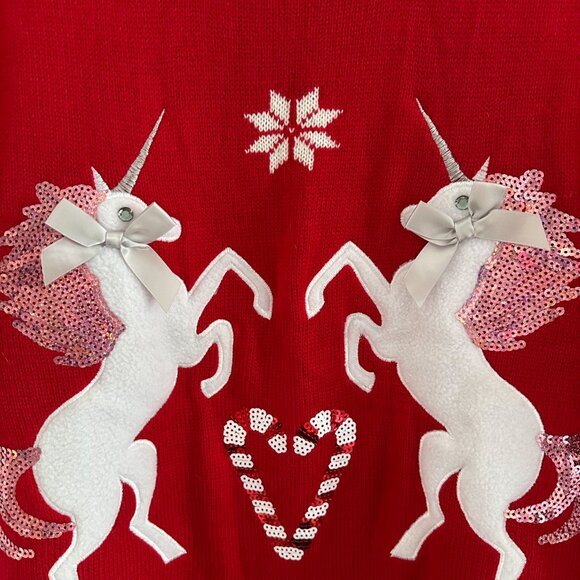 Francesca's Sweater Red 3D Unicorn Holiday Fuzzy Sequins Bows Ugly Kitschy - Picture 3 of 4